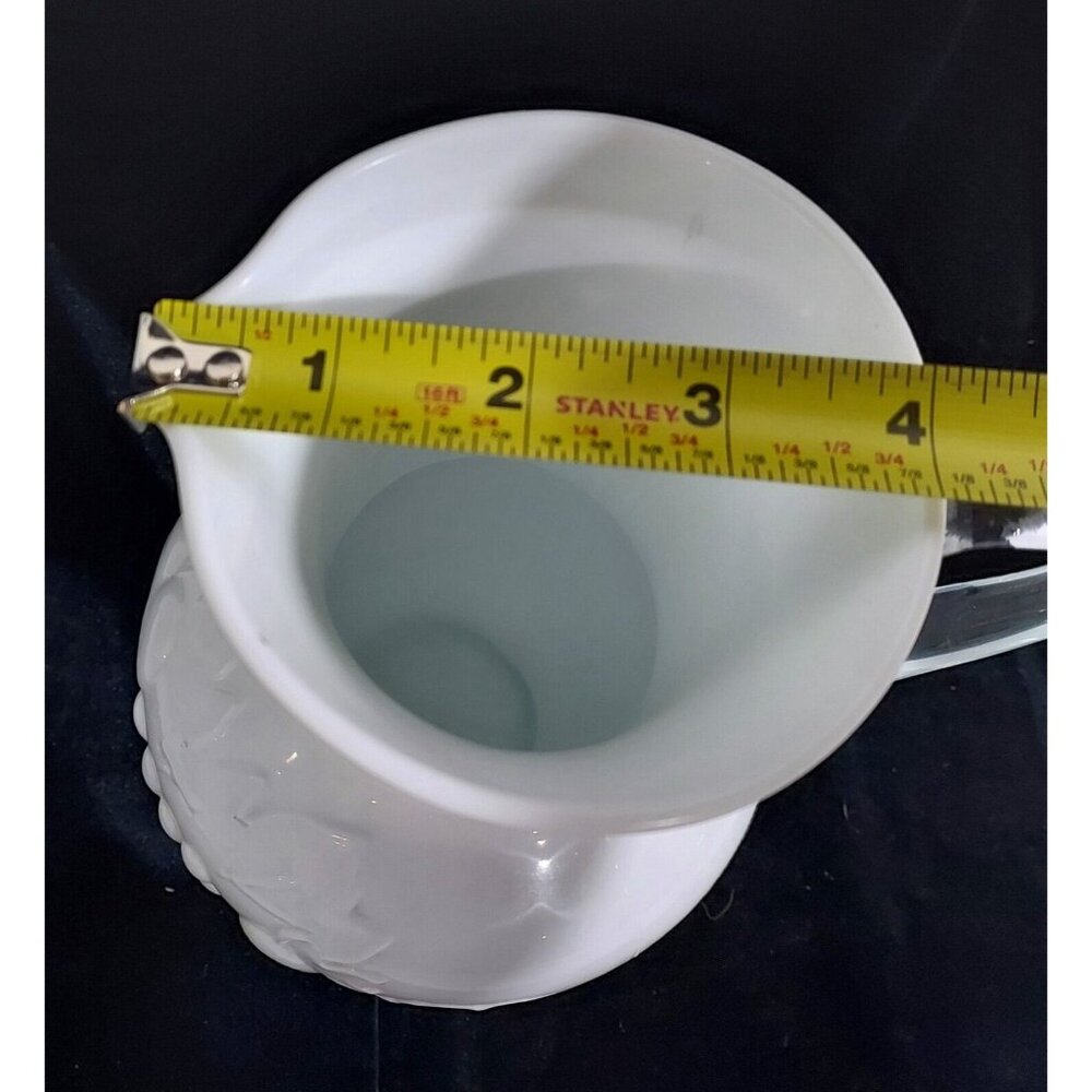 Antique Milk Glass Pitcher Applied Clear Handle Cottage Core Embossed Fruit - Picture 3 of 10